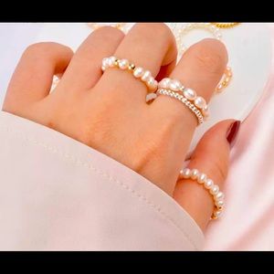 S925 Bead & Genuine White Pearl Ring Set Size 7